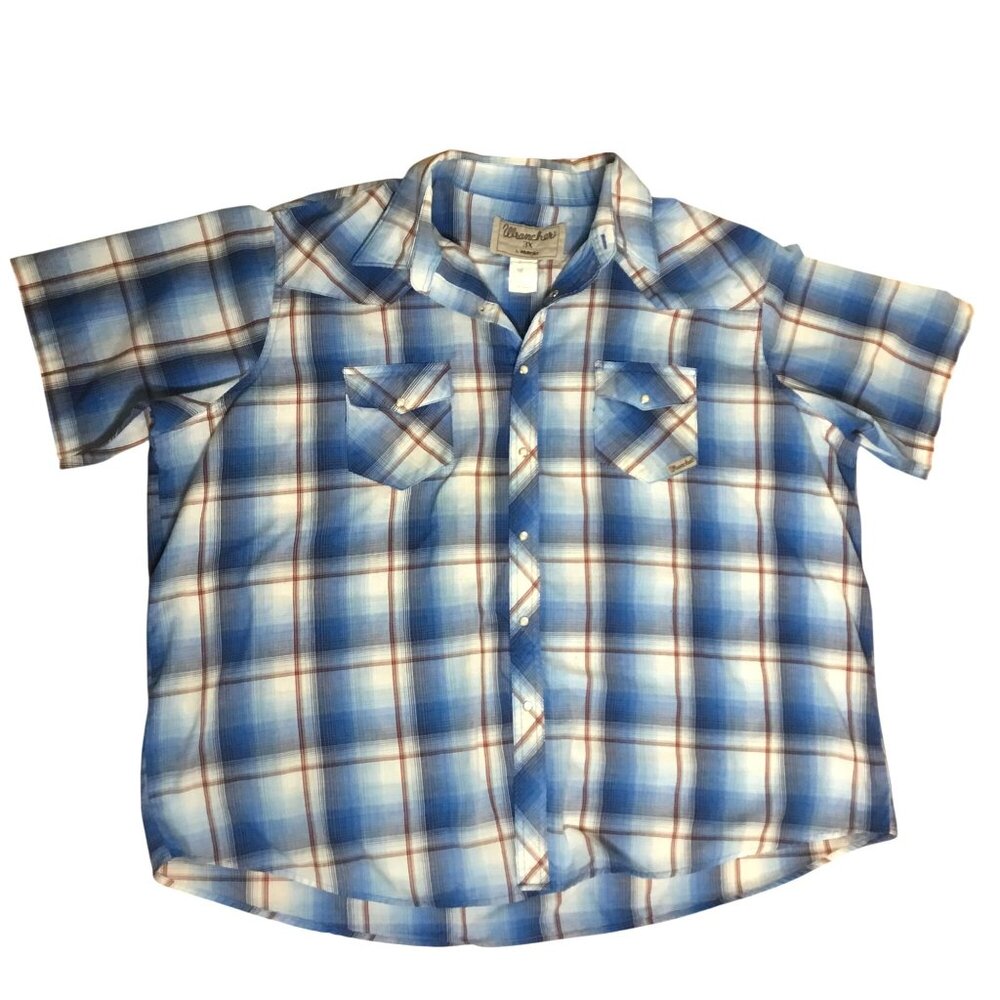 Vintage Wrangler Men Blue Plaid Short Sleeve Western Shirt 3X Pearl Snap Button